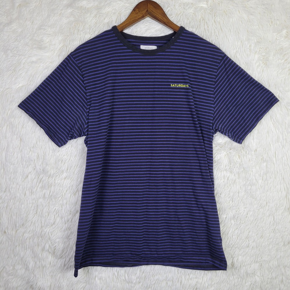 Saturdays NYC Mens L Striped T-Shirt Navy Purple Cotton Crewneck Portugal Made